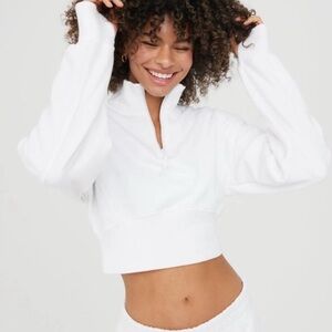 Aerie White Cropped Quarter-Zip Pullover Size XL | Cozy Athleisure